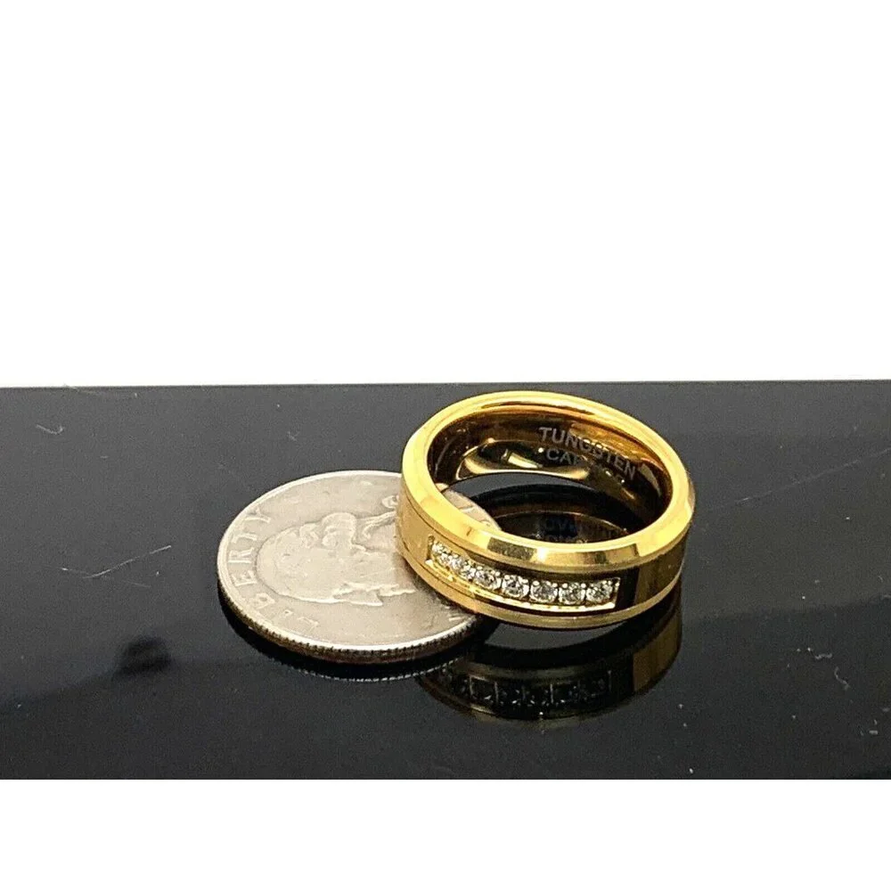 Men's Wedding Band Gold Tone Tungsten Cubic Zirconia 8mm Ring Size 10